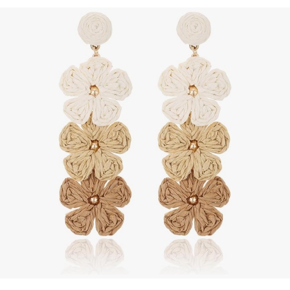 Jewelry - Flower Earrings, Raffia Straw Wrapped Flower Drop Dangle Earrings
